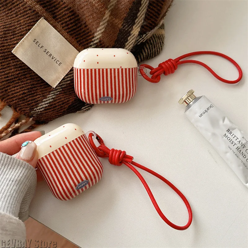 Fashion Red Polka Dot Splicing Stripes Pattern Protective Earphone Case with Red Ring Suitable for AirPods 4 Pro Pro2 Pro3