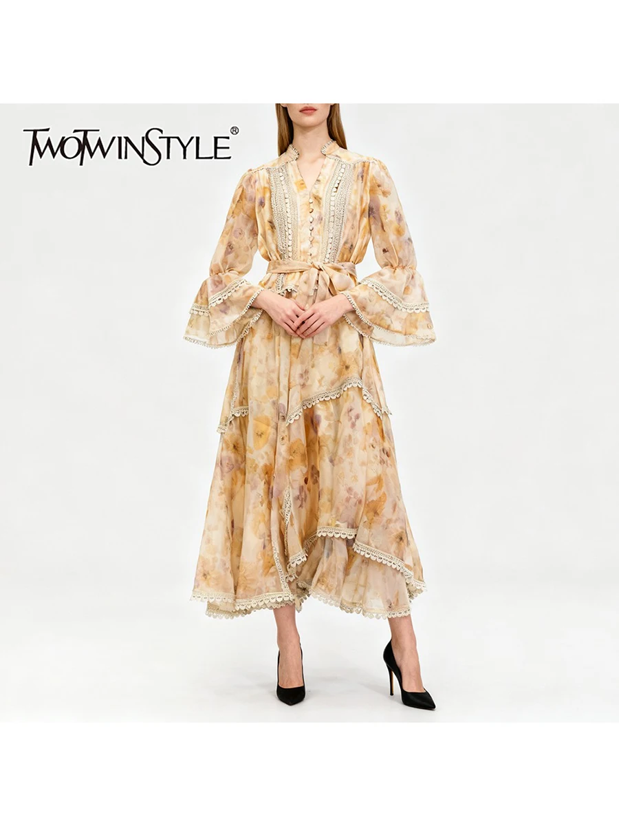 

TWOTWINSTYLE Printing Spliced Ruffles Vintage Dresses for Women V Neck Long Sleeves Patchwork Lace Up Dress Female Fashion New