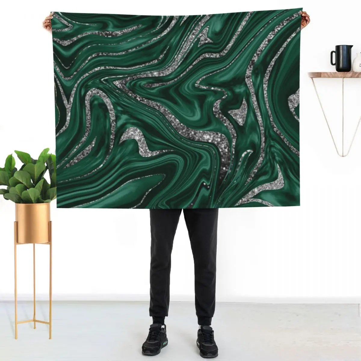 Emerald Green Black Silver Glitter Marble #1 (Faux Glitter) #decor #art Throw Blanket Shaggy Travel Luxury Brand Blankets