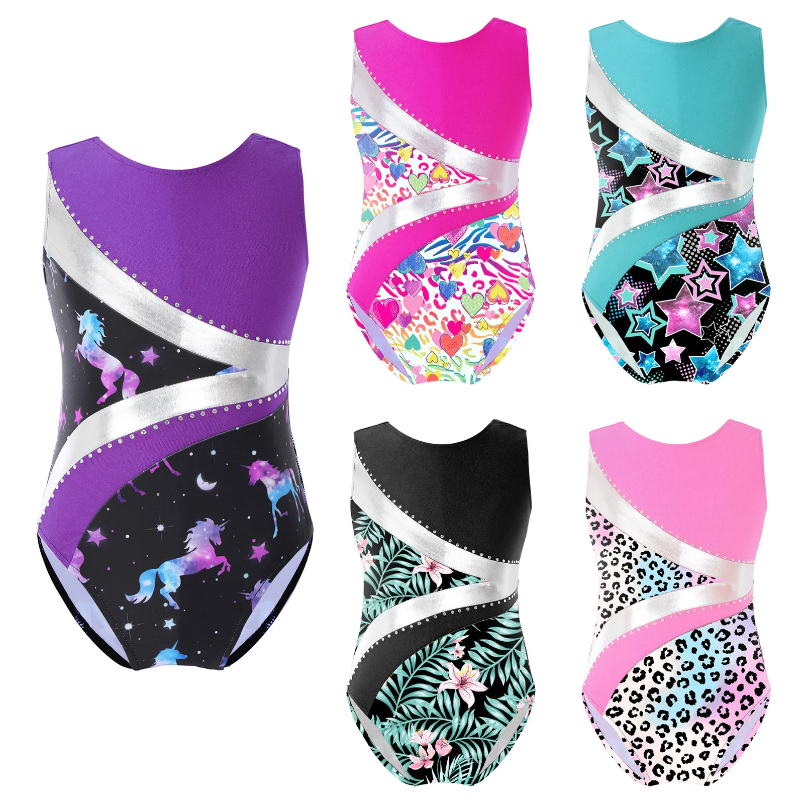 Meisjes Ballet Dans Turnpakje Kunstschaatsen Kostuum Mouwloze Print Shiny Rhinestone Gymnastiek Bodysuit Voor Yoga Sport Badmode