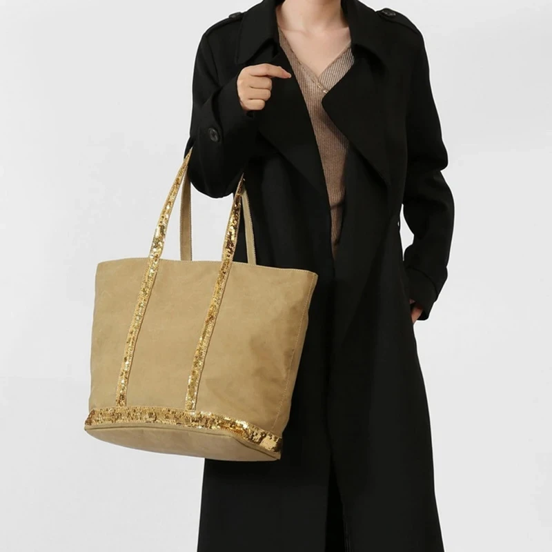 

Retro Large-capacity Canvas Tote Bag Brand Contrast Color Sequins Simple Handbag Unisex Large Travel Shoulder Messenger Bag