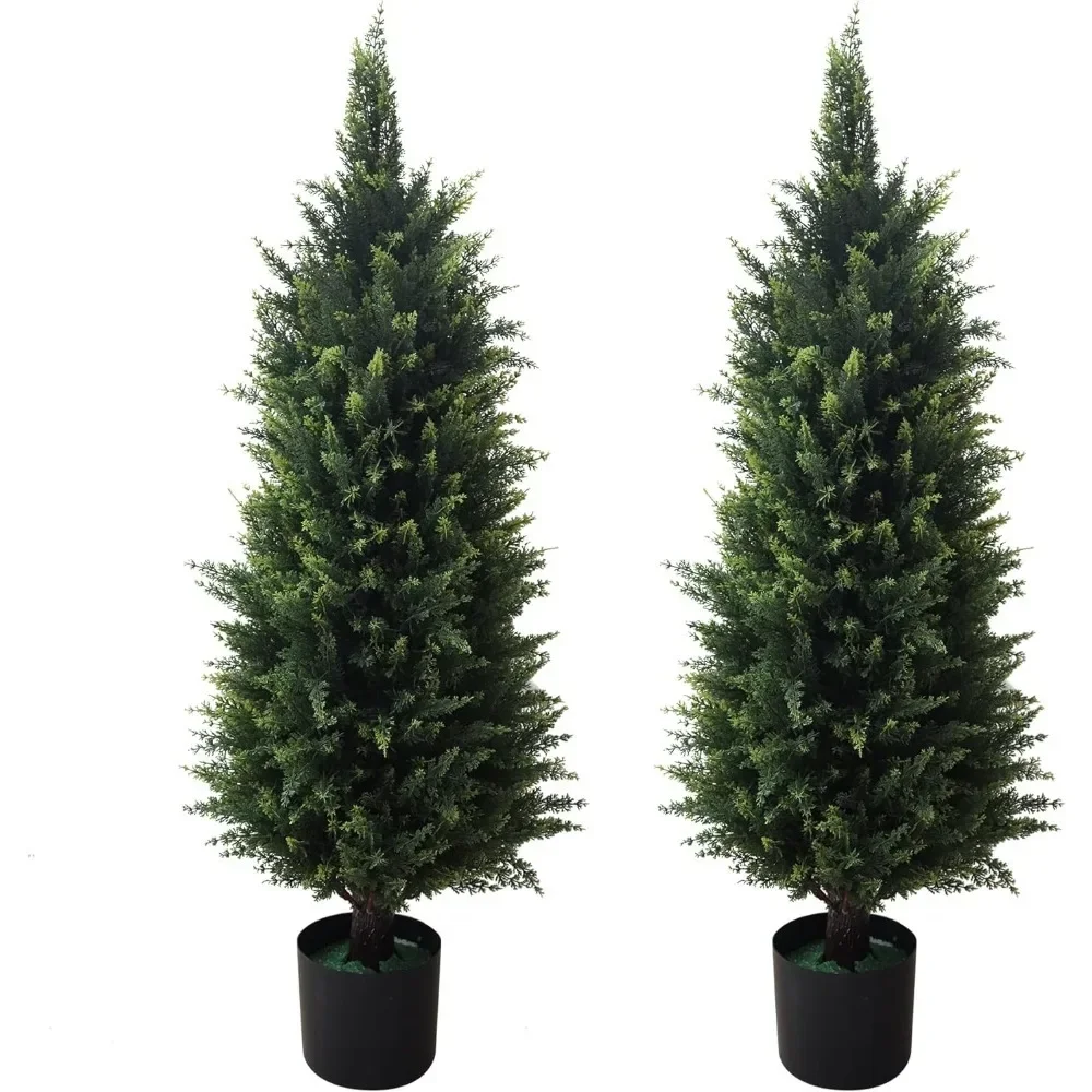 2 Pack 37 Inch Artificial Cedar Topiary Trees for Outdoor Front Porch Décor - UV Rated Fake Plants, Potted Shrubs for Front Door