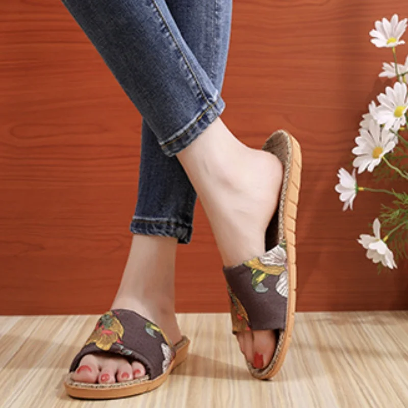 المرأة الصيف وصول جديد الكتان النعال داخلي المنزل المضادة للانزلاق تنفس العرقية نمط الأزهار الكتان مريح الشرائح #6