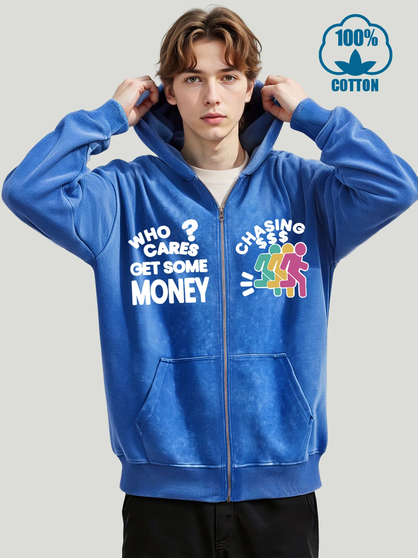 Chasing Money Creative Star Print Men Washed Zipper Hoody Fashion Oversize Streetwear Casual Cotton Sweatshirt Autumn Street Top