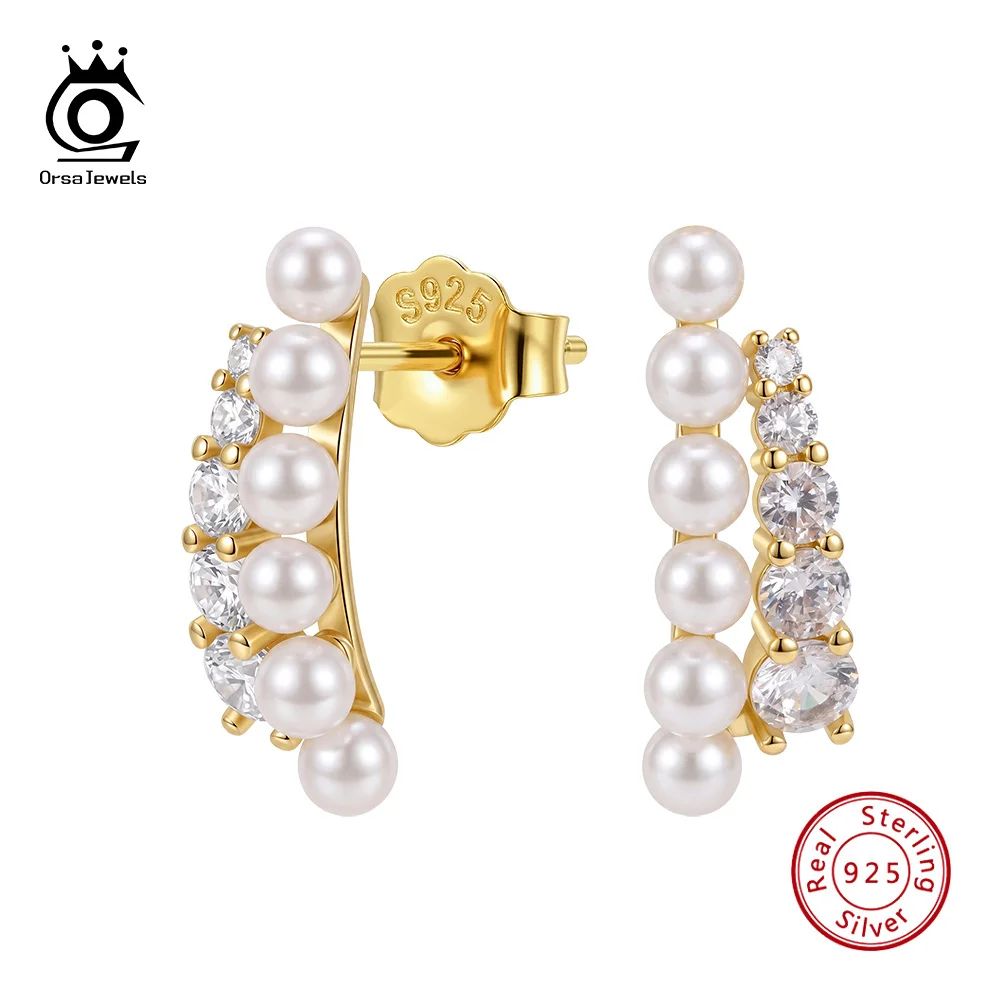ORSA JEWELS Elegant 925 Sterling Silver Shell Pearl Earrings for Women Lustrous Graduated Cubic Zirconia Fine Jewelry PSE22