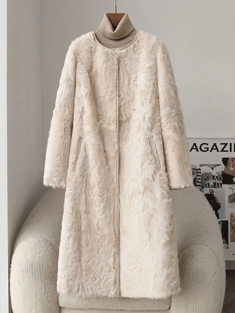 Xiaohu Cappotto integrato in pelliccia di agnello per giovani donne, cappotto di pelliccia di agnello Haining di media lunghezza