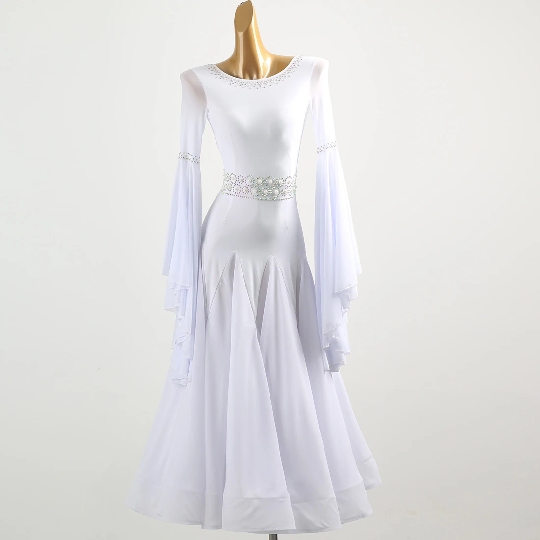 

White Modern Dance Dress Round Neck Diamond-embellished Floating Sleeves Big Swing National Standard Waltz Ballroom Dance Dress