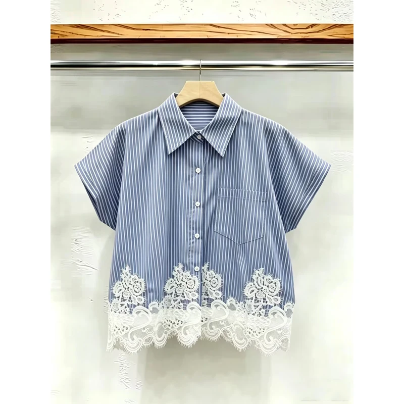 

Slimming Stripe Patchwork Lace Short Sleeve Women's Shirt Loose Design Summer New Style Casual Fashion Casual Wind Shirt