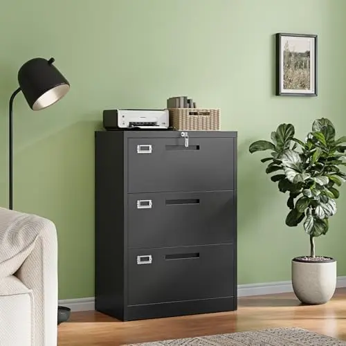 3 Drawer File Cabinets with Lock,Metal Lateral Filing Storage Cabinet Printer Stand,Black Steel Home Office Cabinet for
