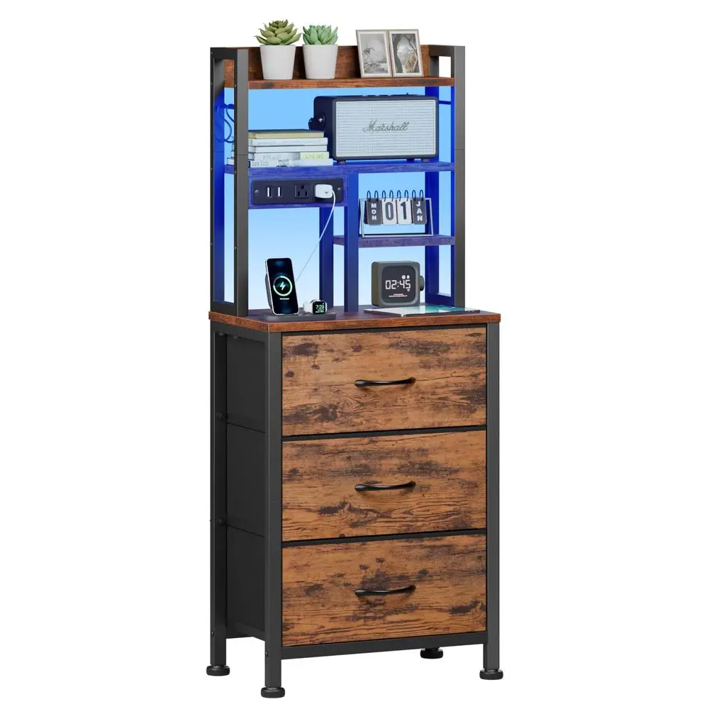 

Tall Night Stand with LED amp USB Ports, 45.3inch Nightstand with Open Bookshelf, Bedside Table with 3 Fabric Drawers for Bedro