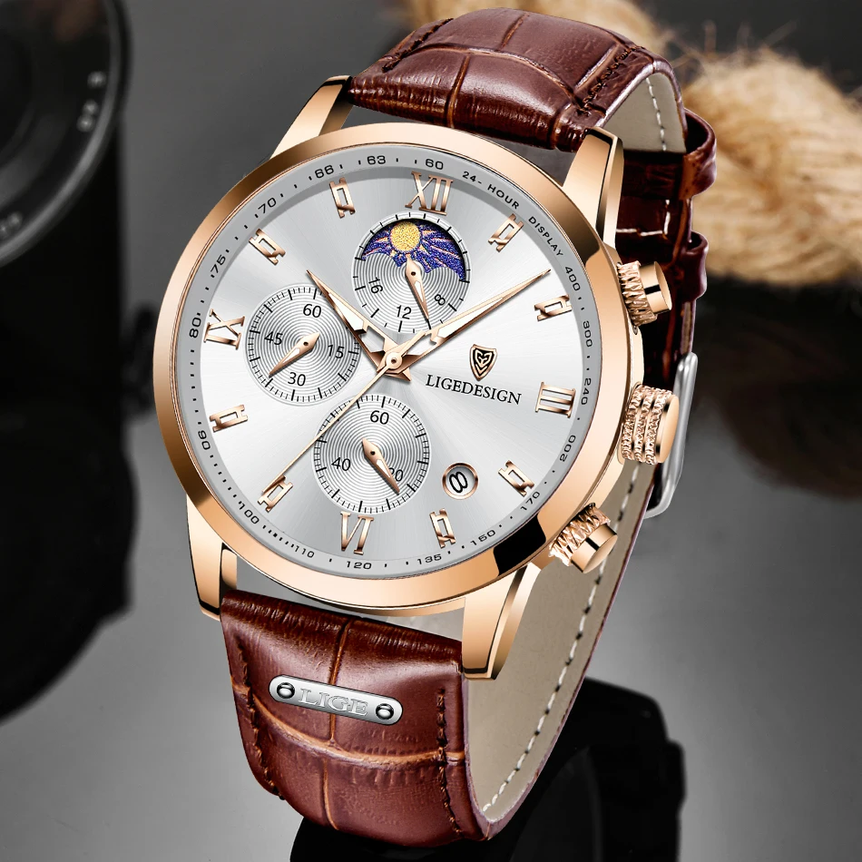 

LIGE Design Outdoor Man Wristwatch Fashion Casual Sport Waterproof Luminous Clocks Auto Date Leather Strap Quartz Man Watch Male