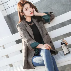 Office Ladies Lapel Plaid Women's Blazer Double-breasted Autumn Long-sleeved Jacket  Casual Pocket Women's Short Blazer