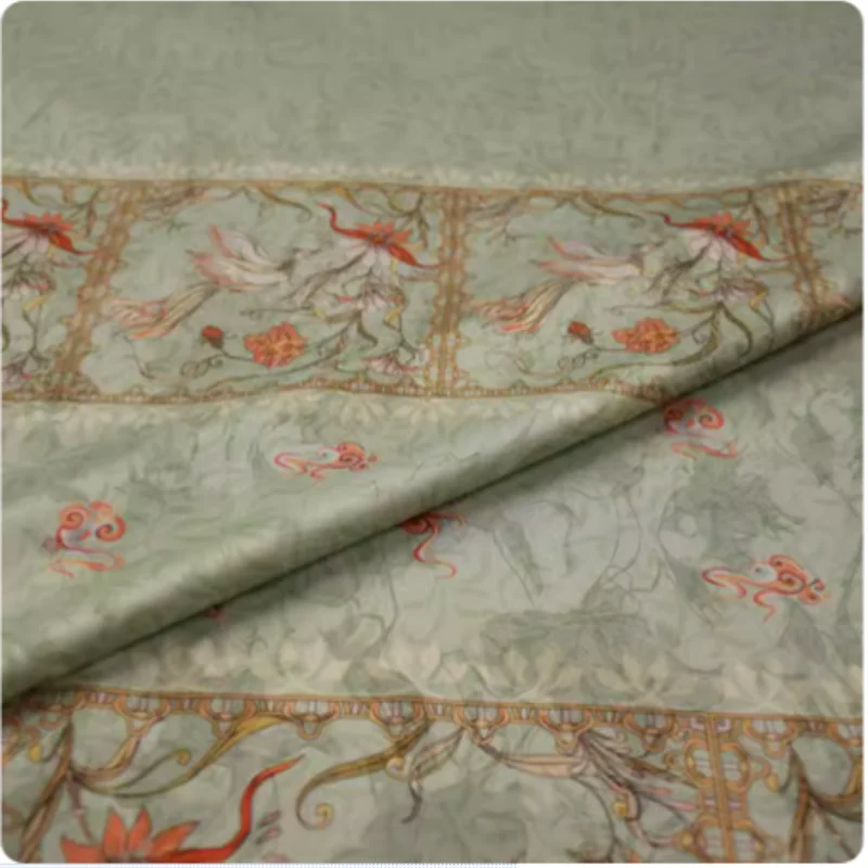 China Wind Classical Light Green Print Jaquard Satin Fabric for Dress Han Cloth Garment Sewing Material, T2125