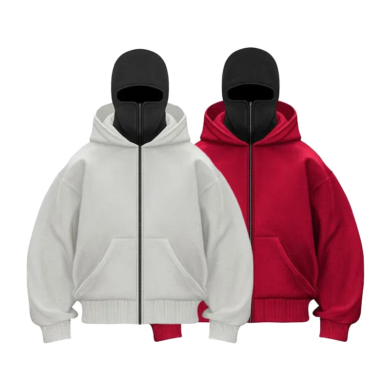 plus Size Winter Hooded Sports Shirt Men's Women's Casual Sportswear Solid Color Zipper Design with Integrated Hat And Mask