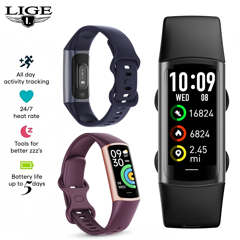 

Смарт-браслет LIGE для здоровья и фитнеса, водонепроницаемый (3ATM), с шагомером, для мужчин и женщин, совместимый с Android и iOS.
