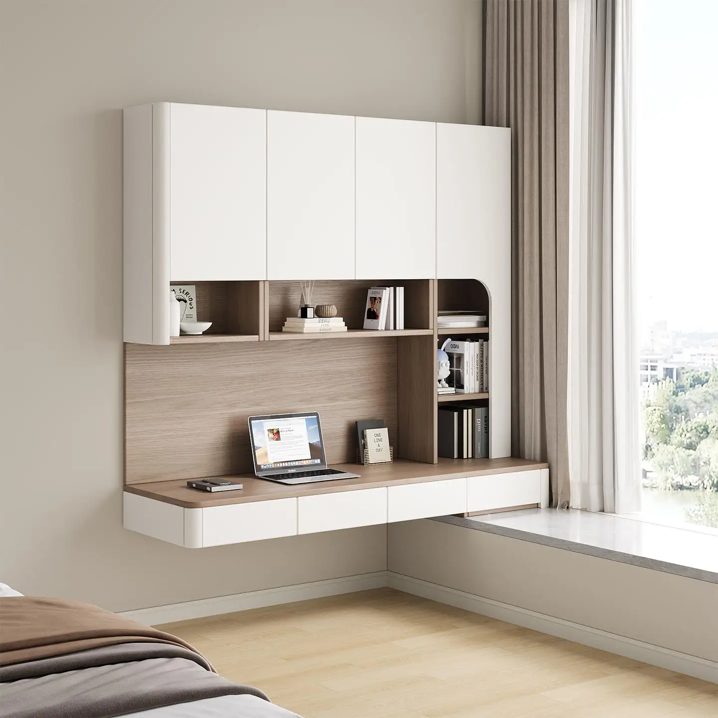 Renovation bay window desk bookcase integrated bedroom dresser window sill locker solid wood custom corner dressing table