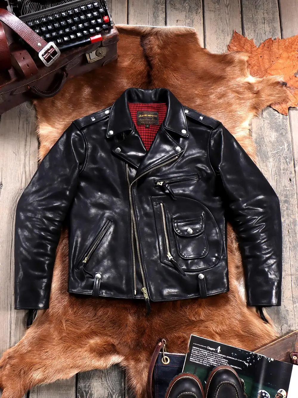 Tailor Brando Italian Uncoated Water-dyed Vegetable Tanned Calf Leather Vintage J24 Men's Double Rider Biker Leather Jacket
