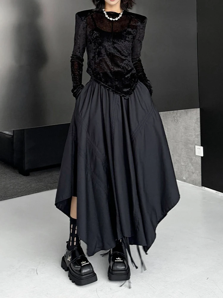 [EAM] تنورة عالية المرونة بخصر أسود غير منتظم برباط نصف الجسم تنورة نسائية عصرية جديدة لربيع وخريف 2026 1DJ0643