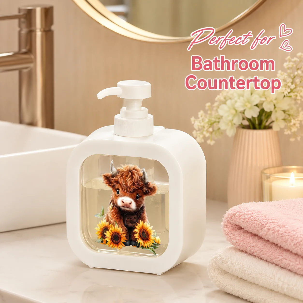 300ml Highland Cow Soap Dispenser Cute Sunflower Pump Bottle Refillable Lotion Shampoo Container for Bathroom Kitchen