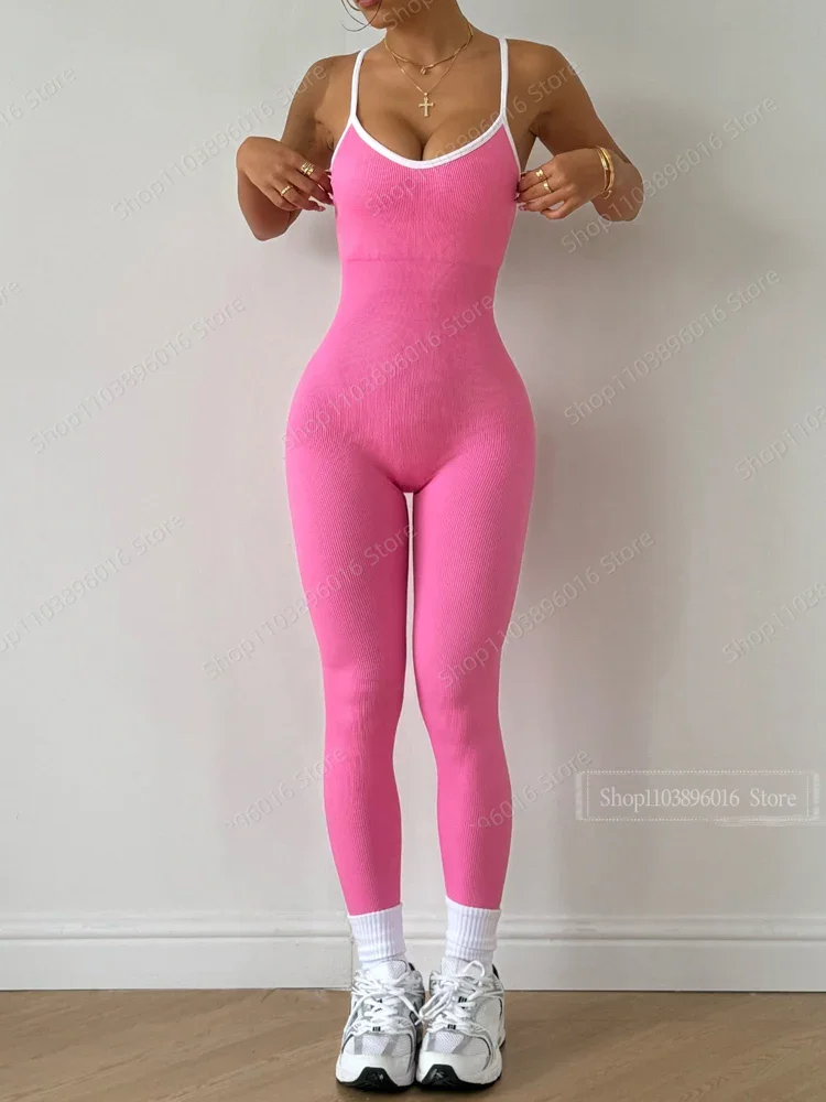 Seamless Yoga Jumpsuit Women Gym Set Spaghetti Strap Leisure Workout Gym Leggings Padded Bra One-piece Fitness Bodysuits
