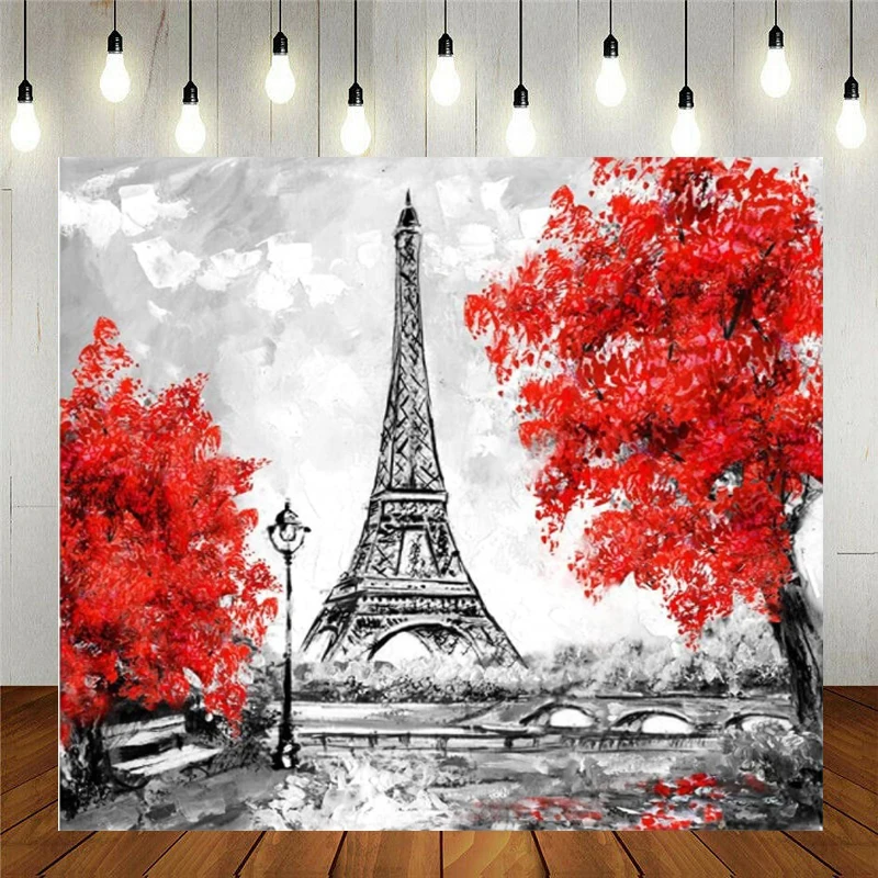 

Vintage Paris Eiffel Tower Backdrop Watercolor Red Maple Leaf Street Lamp Bridge Hole Photography Background Party Decorate