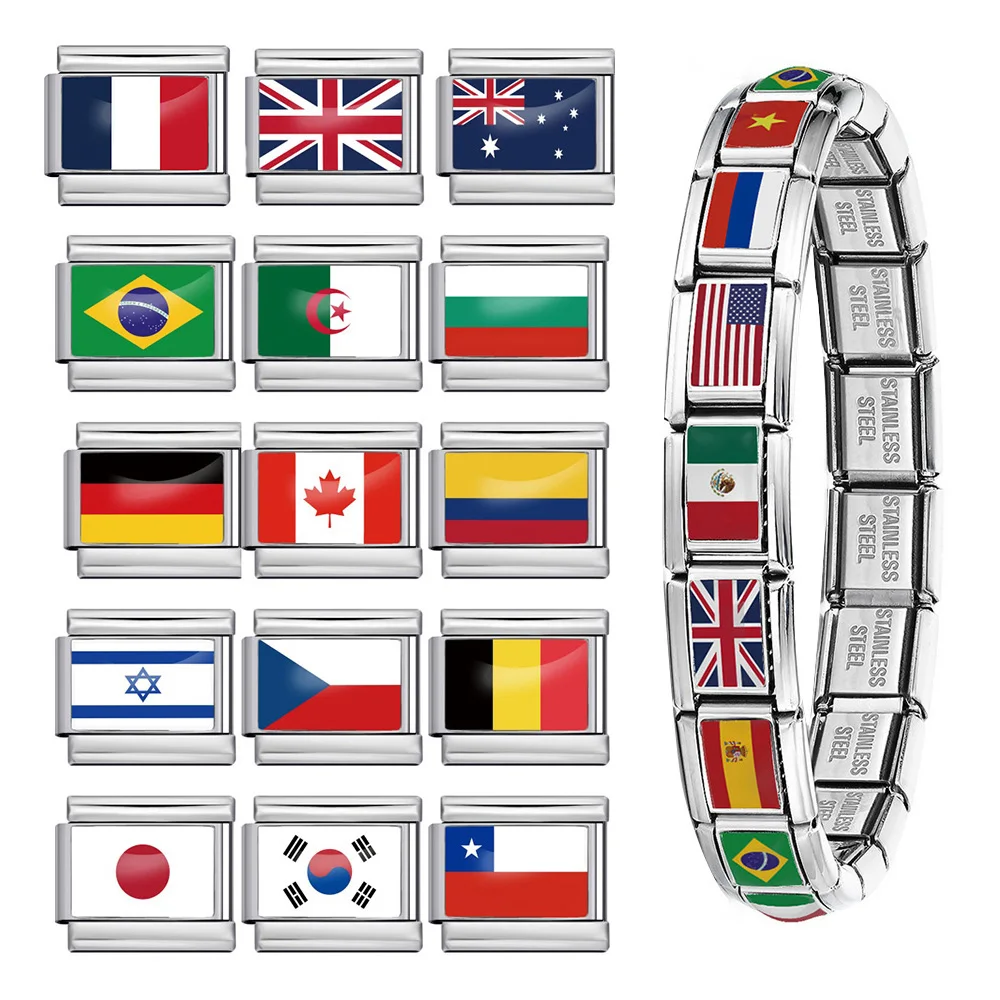 URING New Fashion Silver Color World National Flag Italian Charm Link Fit 9mm Stainless Steel Jewelry Making DIY Bracelets Gifts