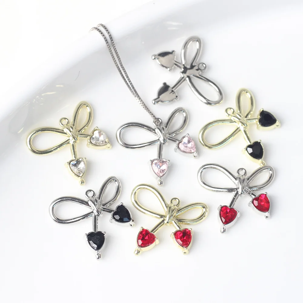 10pcs/lot Zinc Alloy Rhinestones Inlay Bow Pendant Charms for DIY Necklace Bracelet Earrings Making Accessories