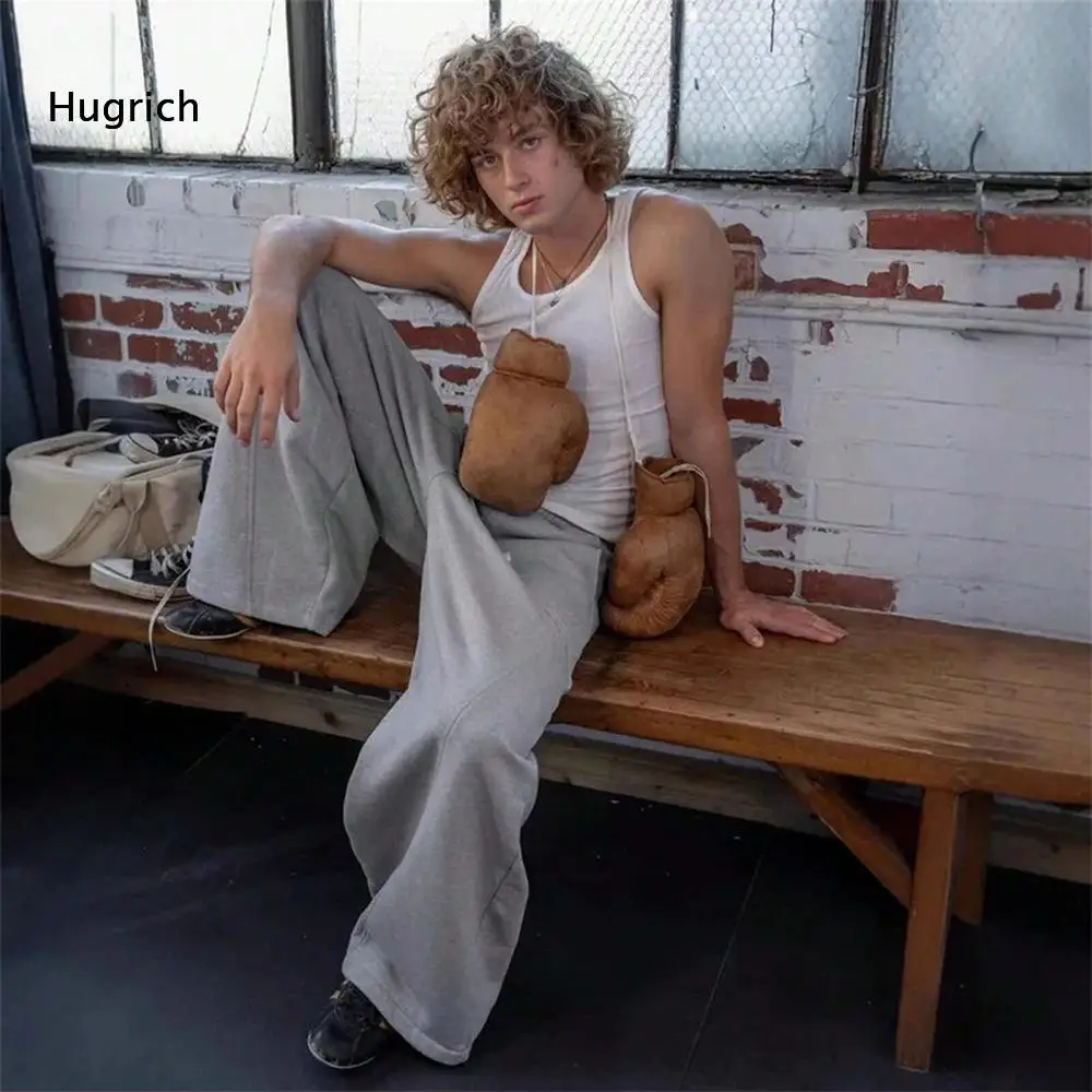 Baggy Wide Leg Sweatpants For Men Drawstring Elastic Waist Creative Seam Craft Oversized Silhouette For Street And Daily Wearing