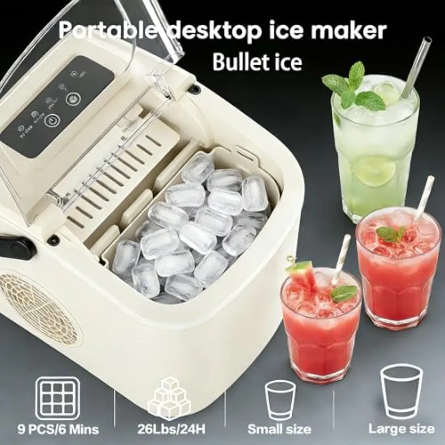 Countertop Ice Maker with Handle, Small Portable Self-Cleaning Ice Machine with Basket and Scoop 26lbs/24H, 9 Ice Cubes in 6 Mi
