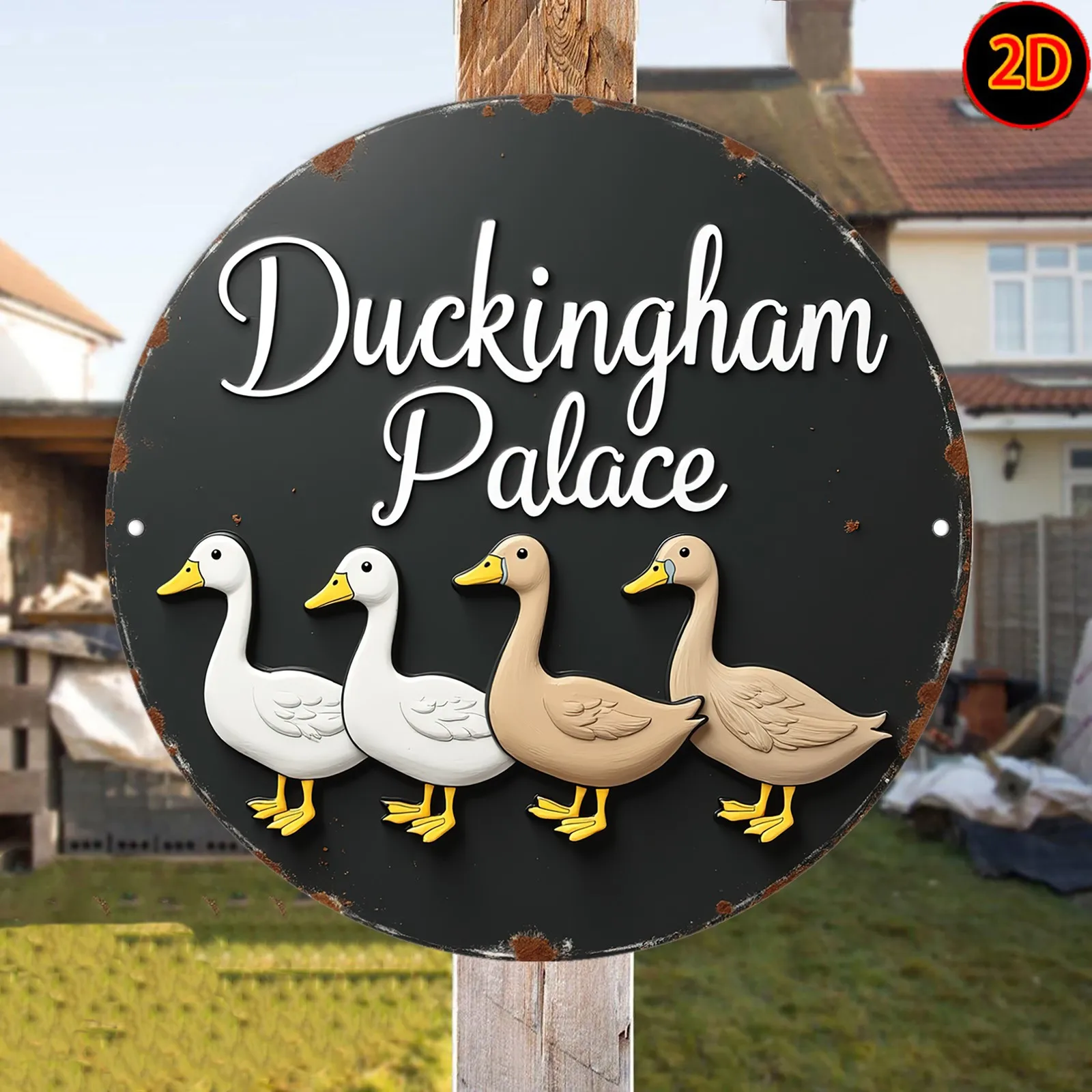2D Flat - A 2D Printed Round Metal Sign Plaque Made of Aluminum Featuring Duckingham Palace And a Group of Ducks, Perfect for De