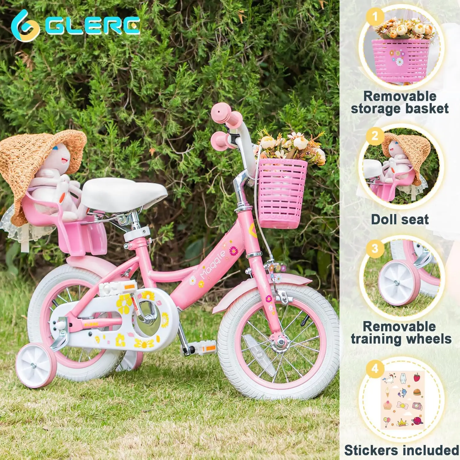 Maggie Girls Bike, 16 Cal rower dla dzieci dla dzieci w wieku od 2 do 13 lat, w stylu księżniczki rower dziecięcy z fotelikiem dla lalek, koszykiem i pociągiem
