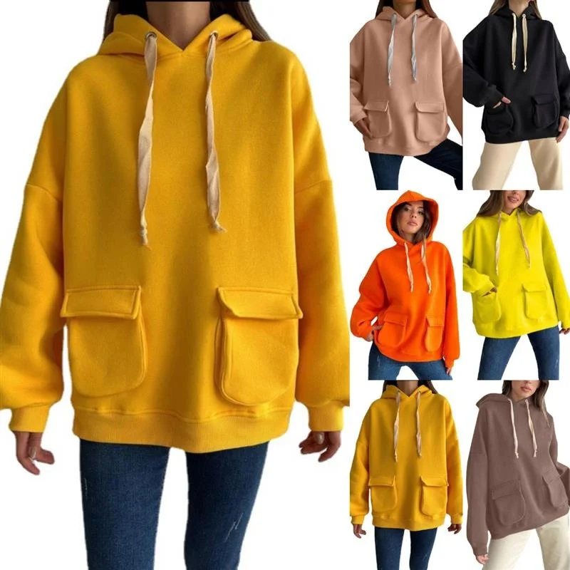 

Свободная повседневная толстовка с длинными рукавами и карманами, женская толстовка, удобная дышащая толстовка, однотонная, весенняя мода