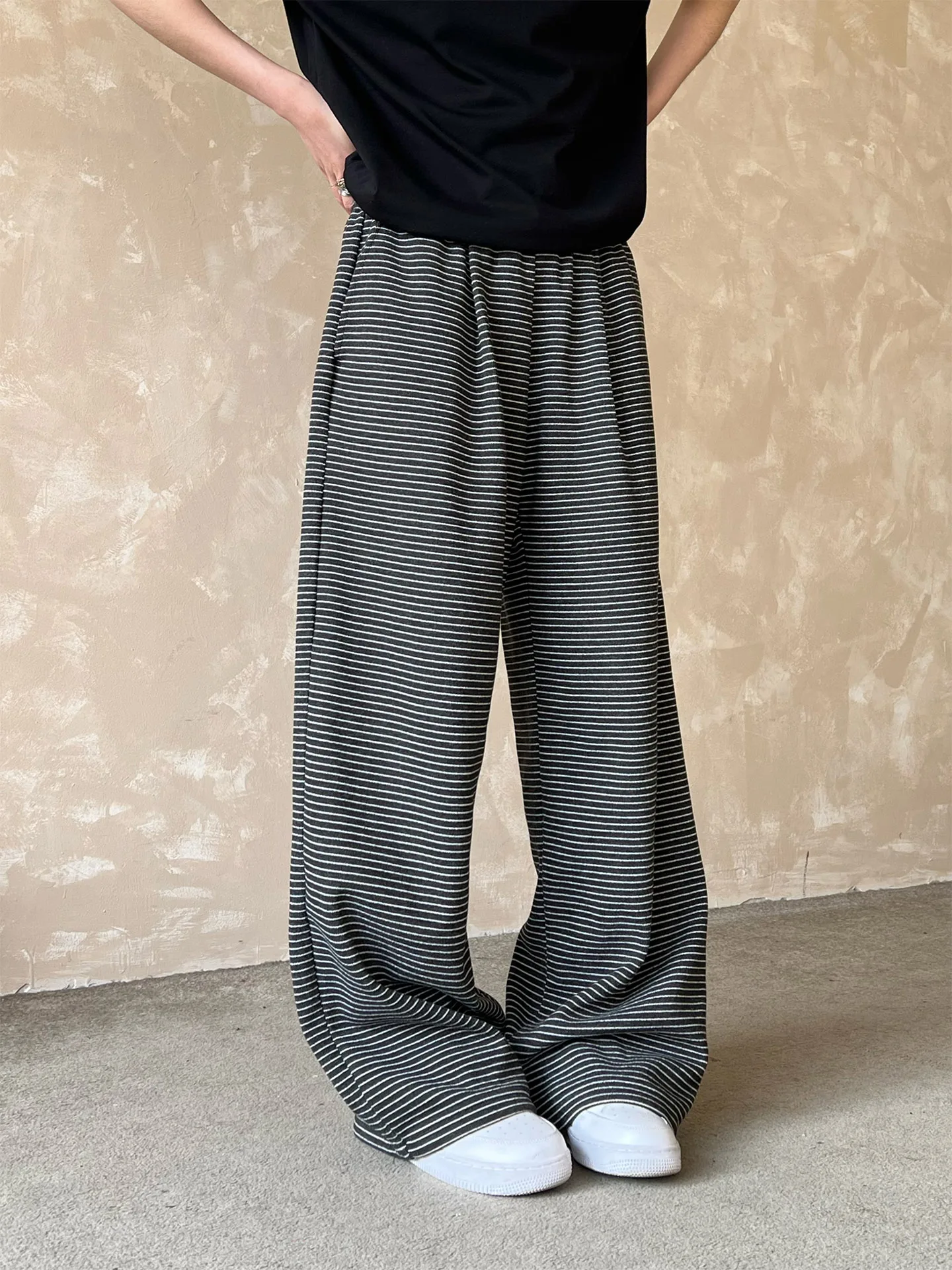 Ja1 No Night Stay Elastic Waist Black White Stripes Casual Sweatpants Men Women All Match Draping Straight Leg Wide Leg Pants