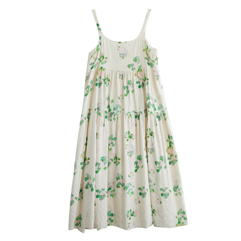 Summer New Cotton Linen Print Thin Splicing Long Dr Strapl Loose Slimming Cake Skirt High Waist Commute Sle Maxi Dr