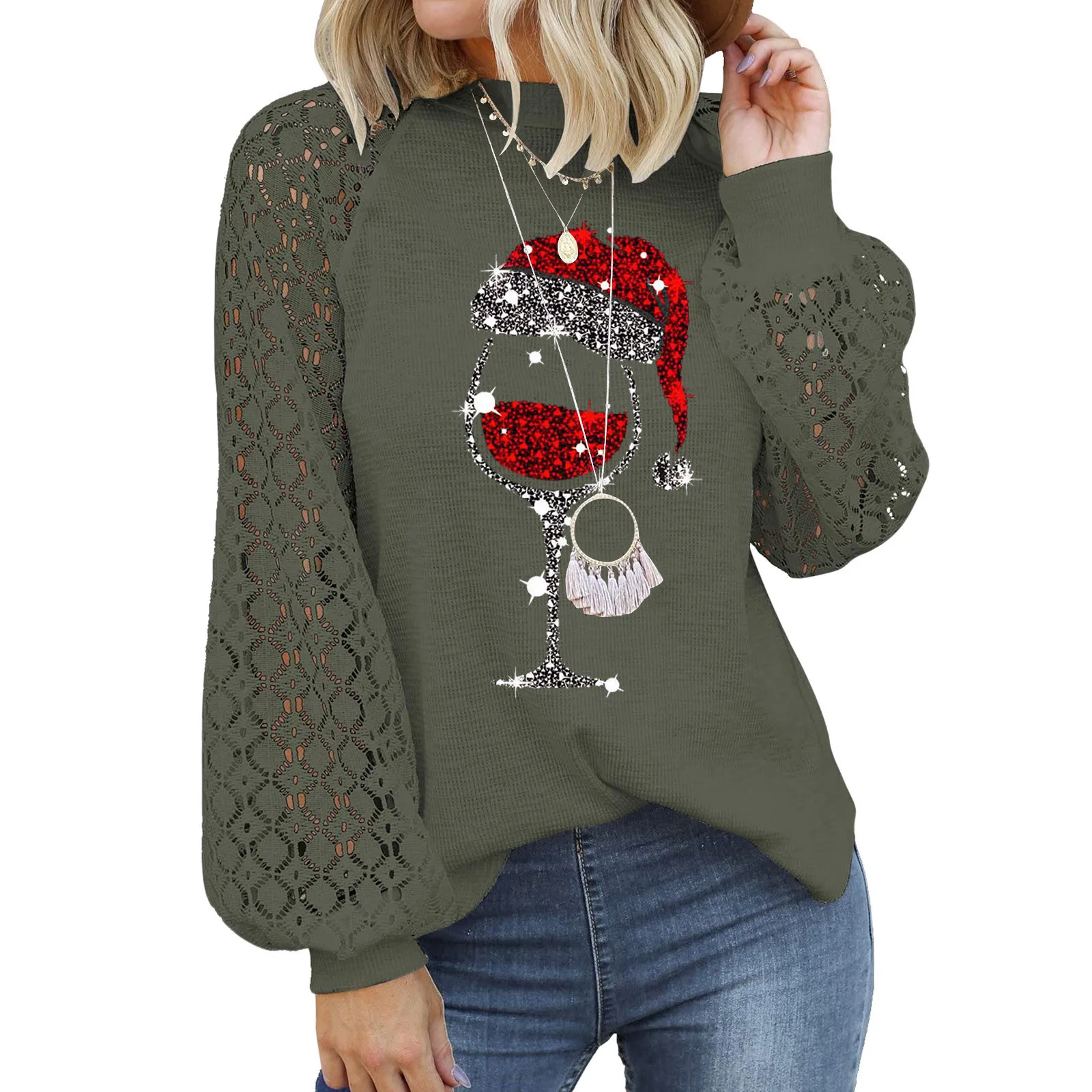 Lace Crochet Knit Women Christmas T Shirt Long Sleeve Wine Glass Print Aesthetic T Shirts Pullover Loose Streetwear Blouses Tops