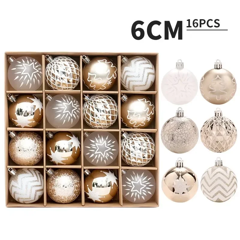 2027 Hot Selling 16pcs/box Gold White Painted Christmas Ball Hanging Ornaments for Xmas Tree Home Party Decorations