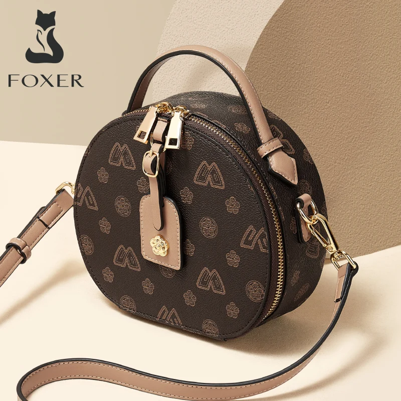 FOXER Sign PU Leather Women\'s Circular Messenger Bag Fashion Female Monogram Shoulder Crossbody Bag Girl PVC Round Small Handbag