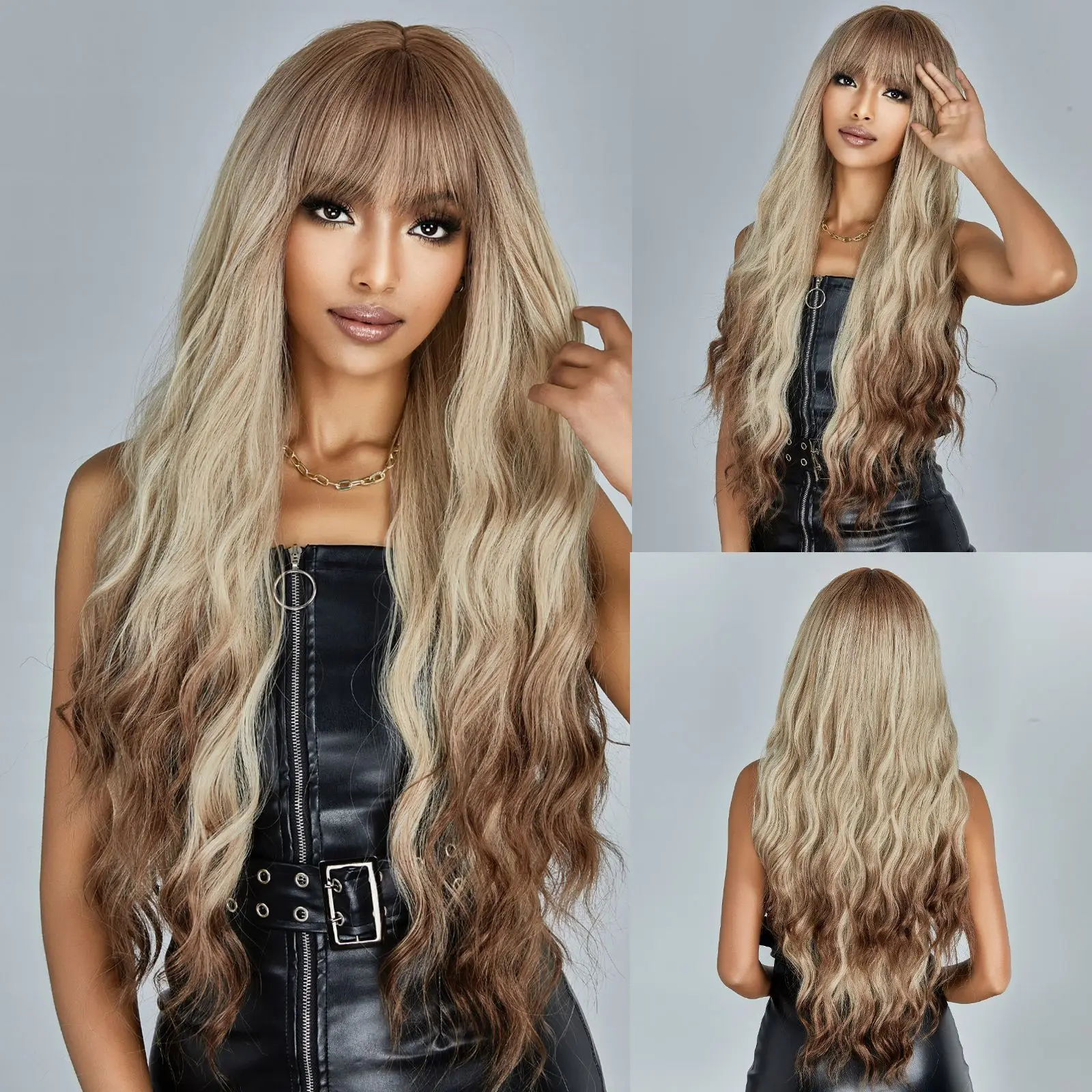 

European and American style new wig Qi bangs platinum gradual change color big waves natural long curly wigs