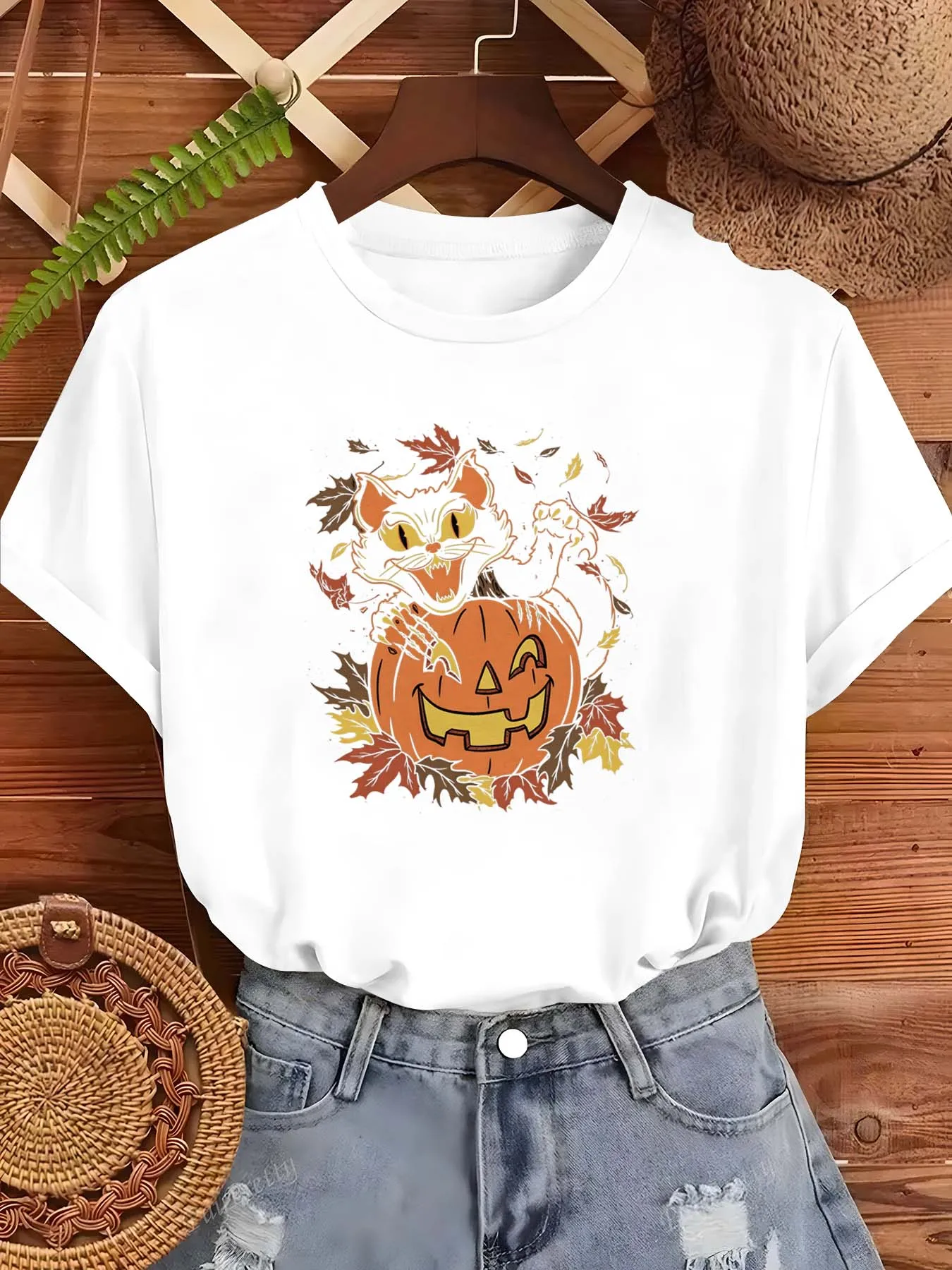 

Одежда в стиле Хэллоуина больших размеров с милым котом и Джеком - O' - Дизайн фонаря для повышения элегантности и модификации