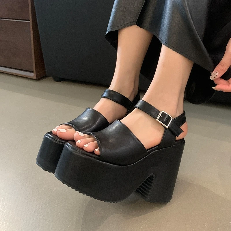 

Fashion Black Platform Sandal Women Summer Open Toe Ankle Strap Buckle Slide Sandal 12 Cm Super High Heel Plus Size Beach Sandal