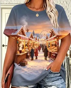 Women Christmas Market Graphic T‑Shirt, Winter Snow Fair Scene Print Casual Short Sleeve Tee for Xmas Holiday Daily Wear