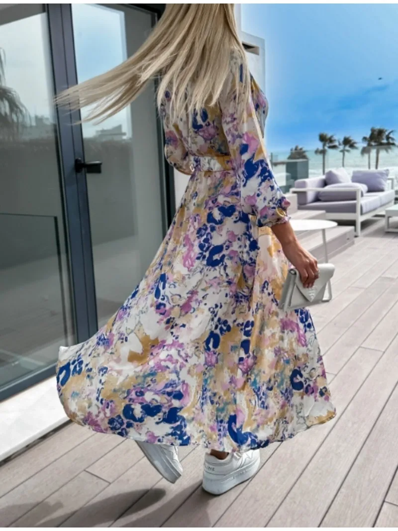 Women's Fashionable Printed Dress with Belt Beach Leisure Vacation Long Sleeved and Ankle Long Skirt