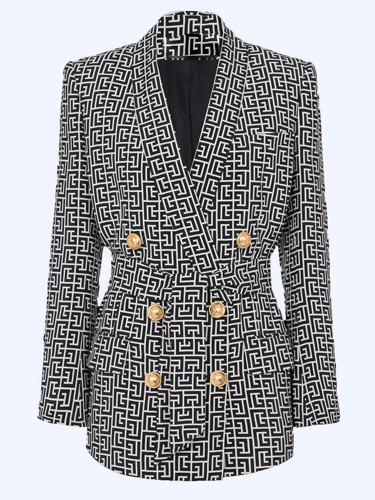 HIGH STREET Newest 2024 Stylish Designer Jacket Women\'s Double Breasted Monogram Printed Shawl Collar Belted Blazer