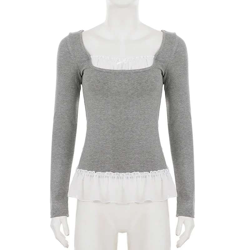 Herfst en winter lotusblad rand zoet slim fit vierkante hals strik patchwork nep tweedelig T-shirt met lange mouwen voor dames