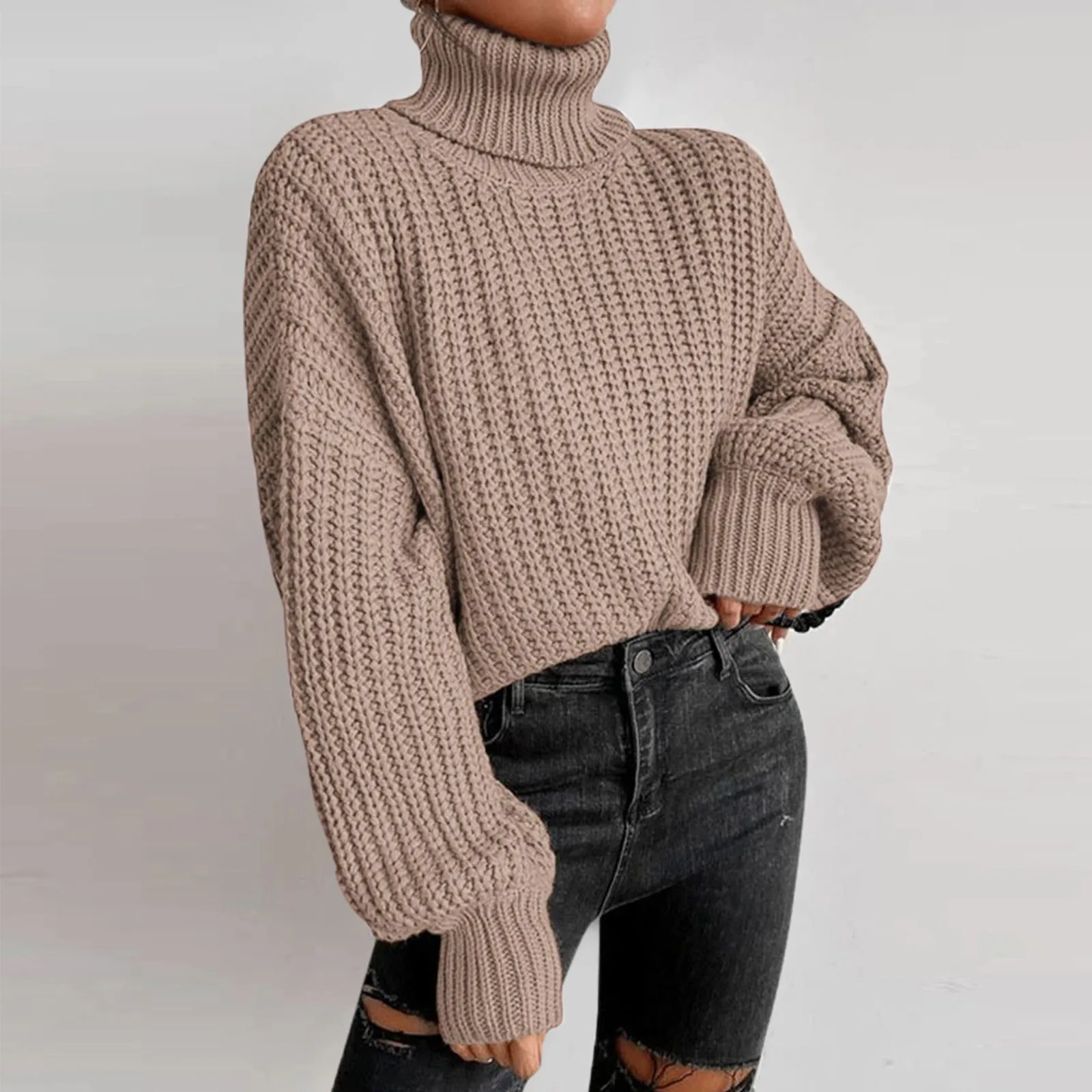 Suéter holgado de gran tamaño para mujer, jersey de cuello alto de punto elegante y cálido, Tops sólidos, Jersey de punto de moda, Otoño e Invierno