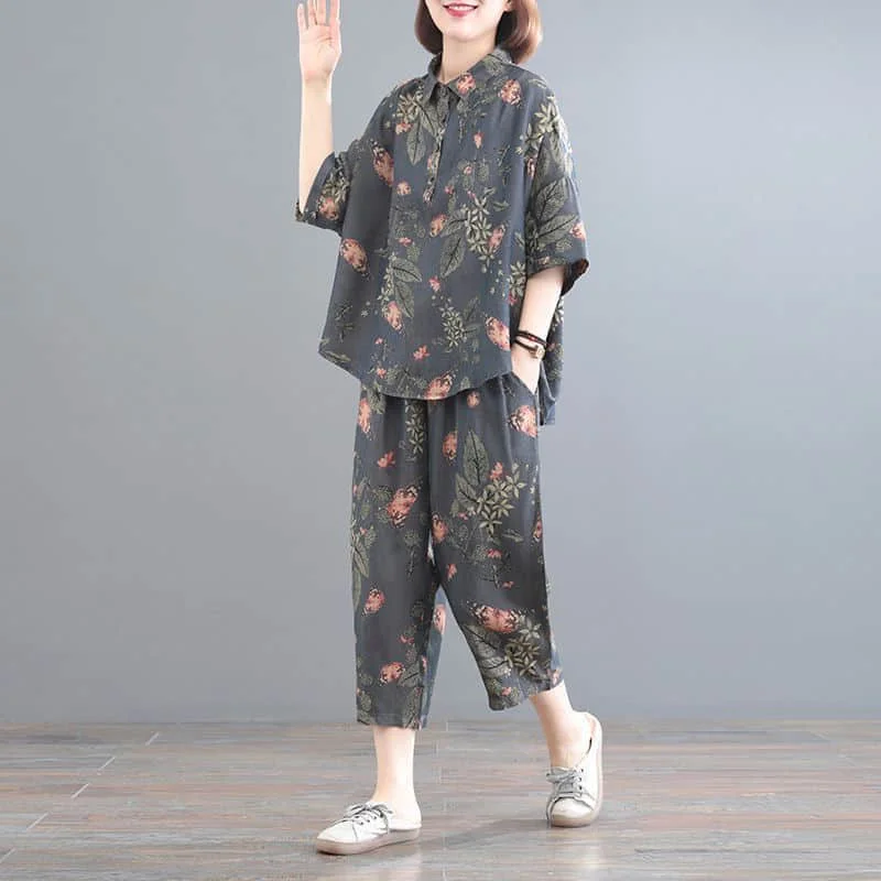 

Literary Pants Sets Autumn Vintage Floral Short Sleeve Polo-neck Shirts Harem Pants Korean Style Two Piece Sets Women Outfits