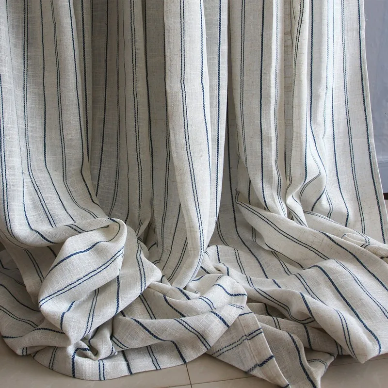 Nordic Linen Cotton Striped Semi-blackout Curtains For Living Room, Blue Striped Bedroom Window Drapes, Nordic Simple Cortinas