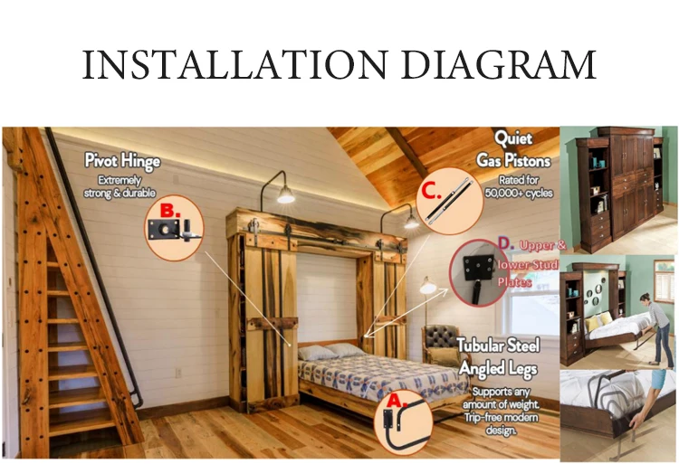 Hot Sale Hidden Horizontal Full Queen Mounted Folding System Spring King Size Foldable Wall Murphy Bed Hardware Kit Mechanism