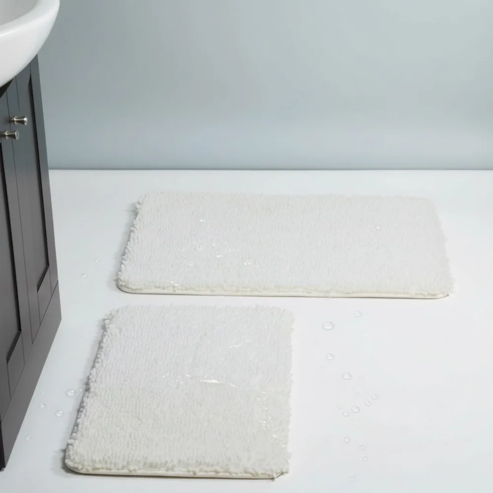 

Plush Memory Foam Shag Bath Mat Set 2-Piece White Soft Absorbent Bathroom Rug Floor Mat