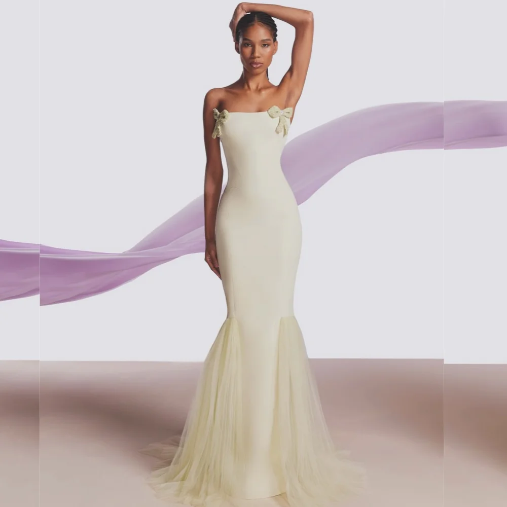 Customized Sparkle Exquisite Jersey Draped Bow Cocktail Party Mermaid Strapless Bespoke Occasion Gown Long Dresses